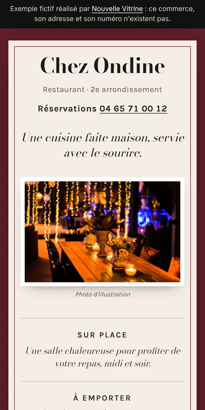 Aperçu du site d'exemple Chez Ondine, restaurant